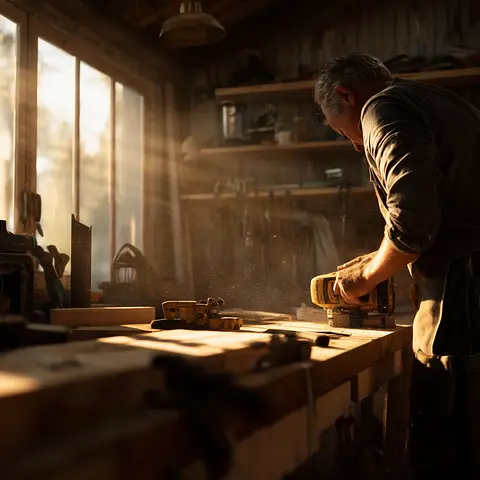 Handyman sanding wood in a workshop
